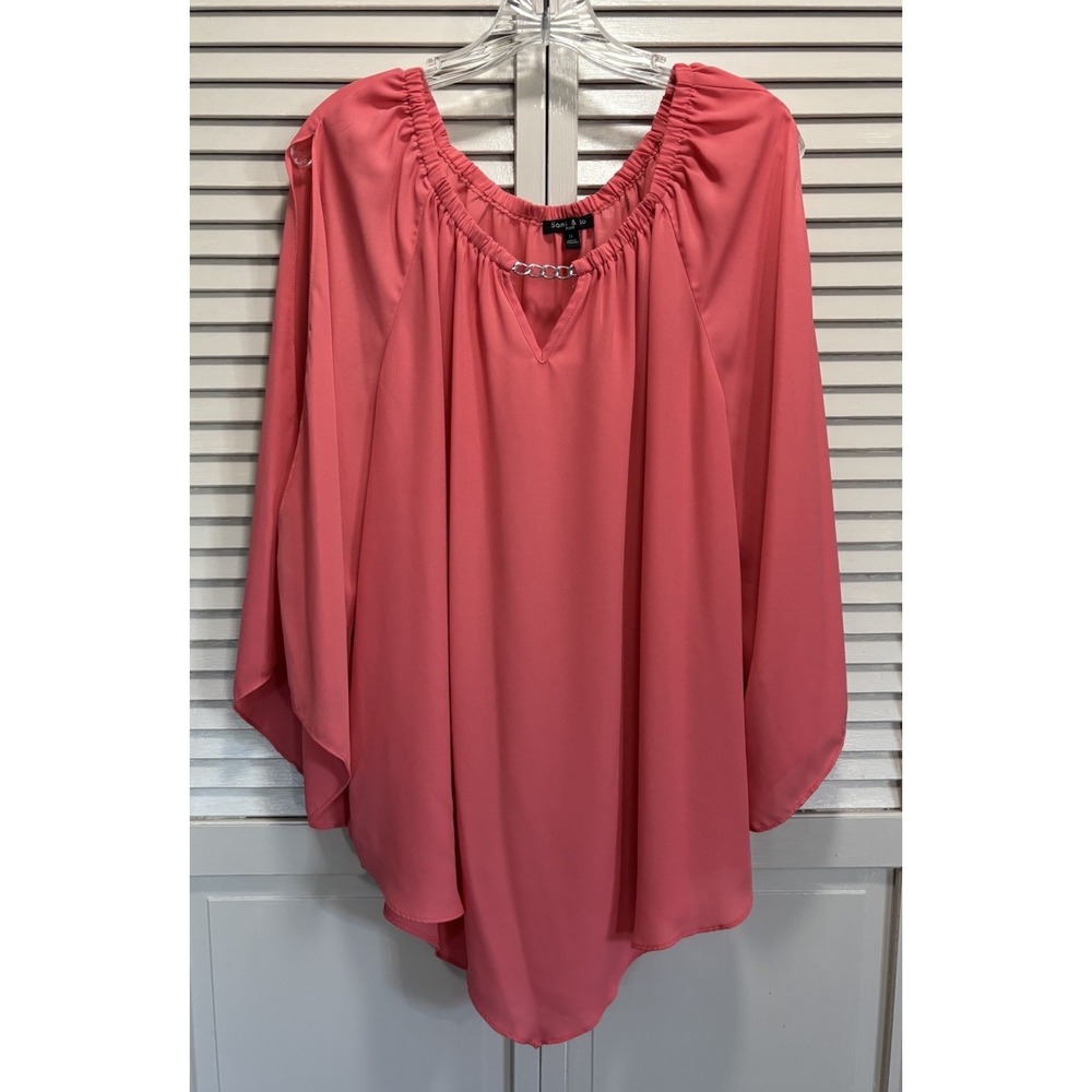 Sami‎ & Jo Coral Blouse Chiffon Open Long Sleeve Sz 1X Pleated Boho Flowy V Hem